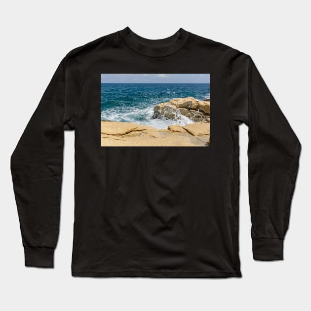 Wave breaks on rocks of the Sliema coast Long Sleeve T-Shirt by lena-maximova